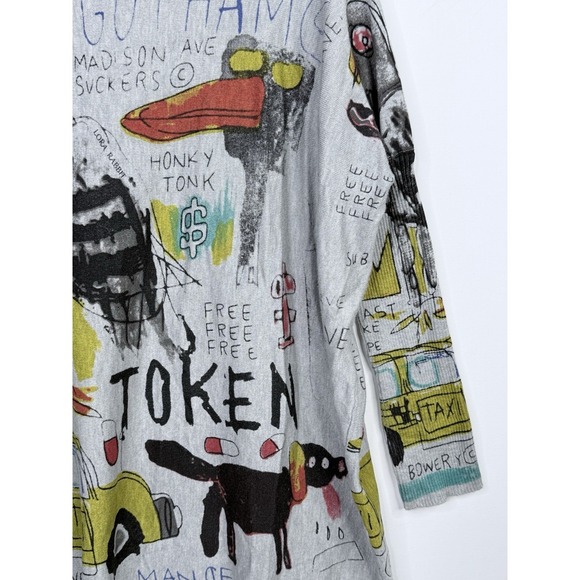 ELLAZHU Basquiat enspired graffiti Print Crew Neck Sweater Top Art To Wear AOP - Picture 2 of 12